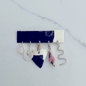 Sterling Silver Rectangle Brooch Pin w/Drop beads and Heart Stamped AH